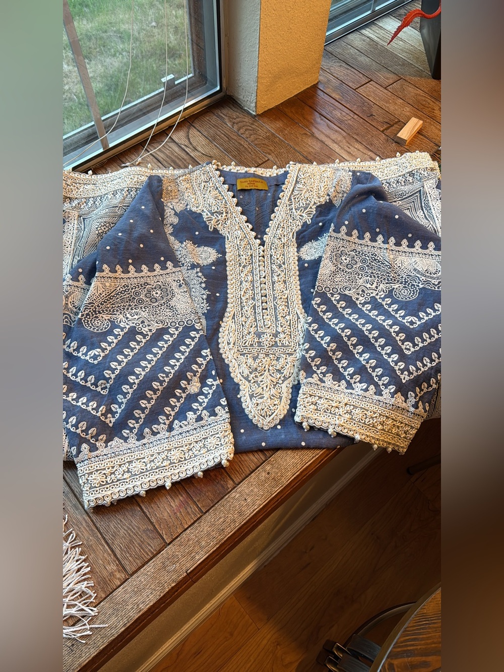 Blue Embroidered Boho Tunic with White Lace Accents